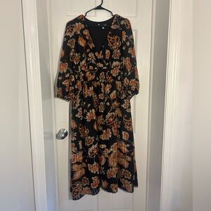 Maison Tara Black and Orange Floral Long Sleeve Dress